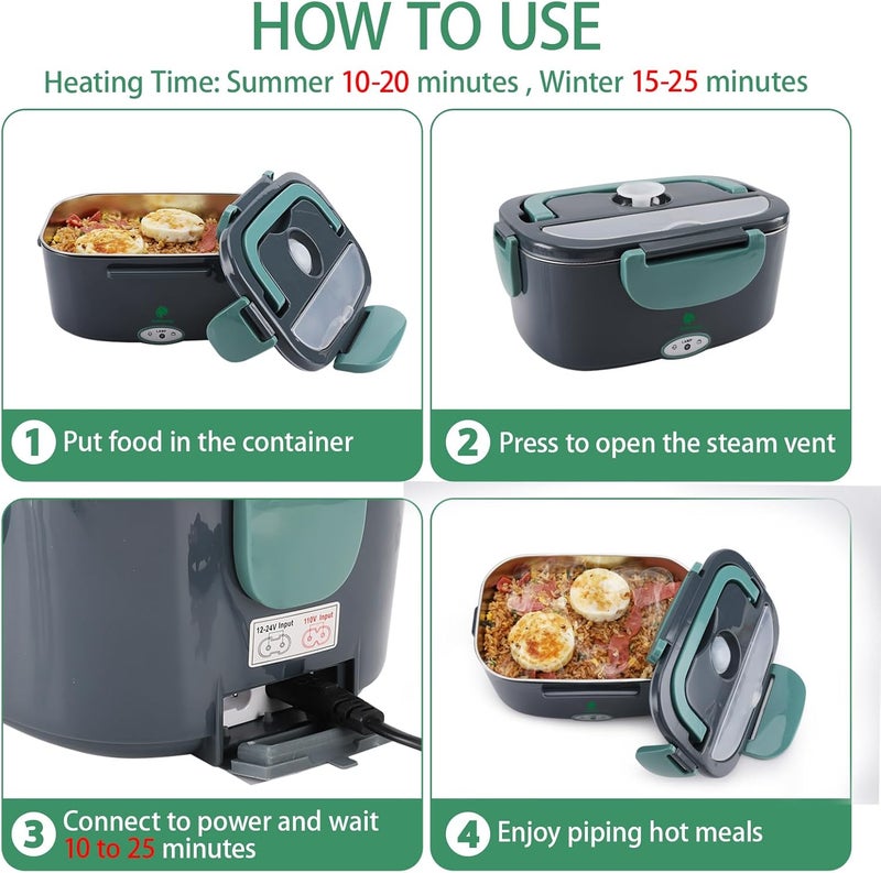 Andmenow Electric Lunch Box for Adults, Electric Lunch Box Food Heater, Portable Food Heater for Travel/Home/Office,12V/24V/110V Heated Lunch Box,Loncheras para Hombres de Trabajo,GreyGreen - Image 4